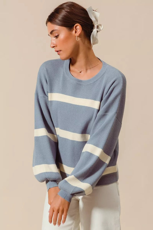 Powder Blue Ribbed Striped Round Neck Sweater