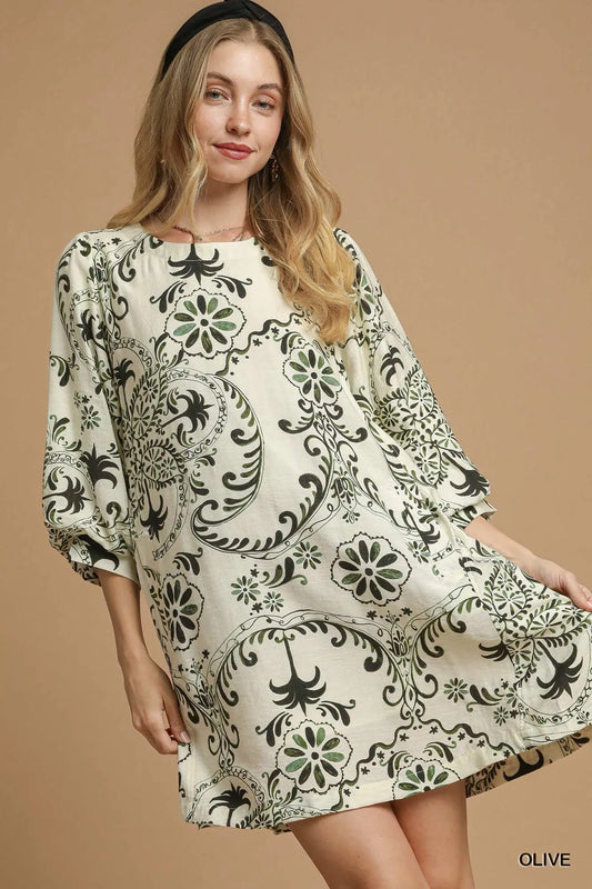 Olive Paisley Printed Balloon Sleeve Mini Dress