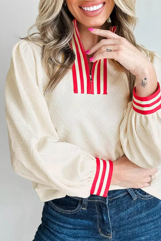 Textured Knit Contrast Striped Accent Zipped Collar Pullover Top