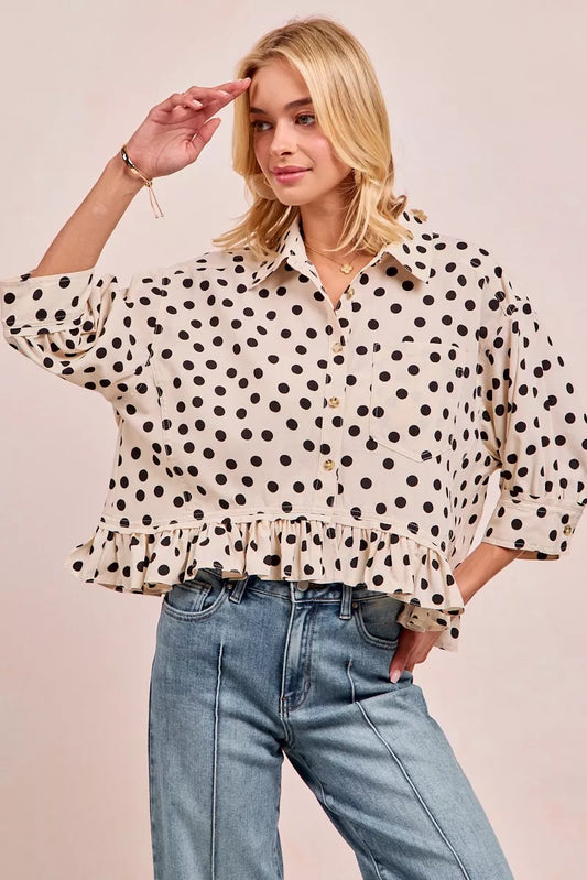Polka Dot Printed Peplum Top with Front Button