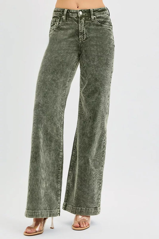 Olive Green High Rise Wide Leg Corduroy Jeans