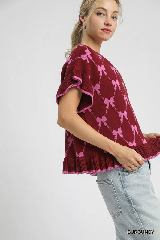 Bow Knit Ruffle Sleeve Sweater