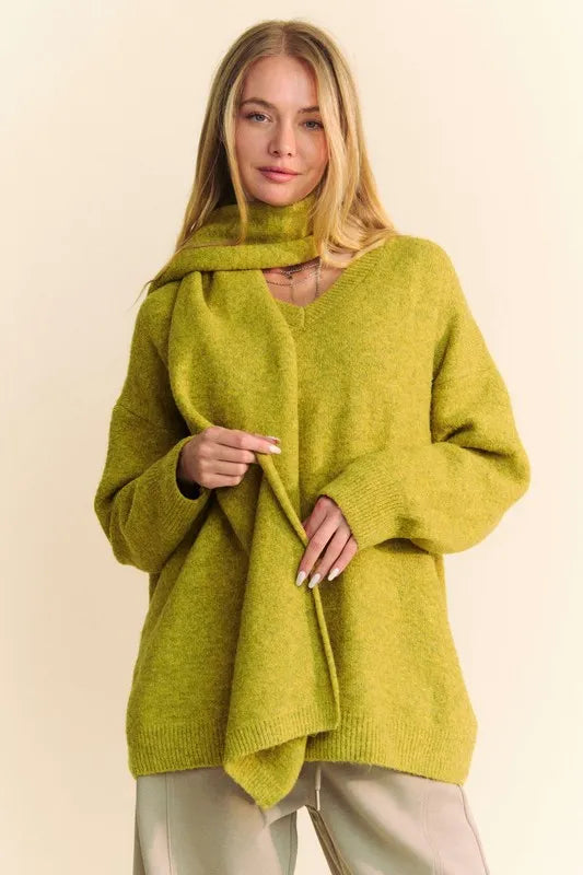 Chartreuse V-Neck Dropped Shoulder Sweater with Scarf