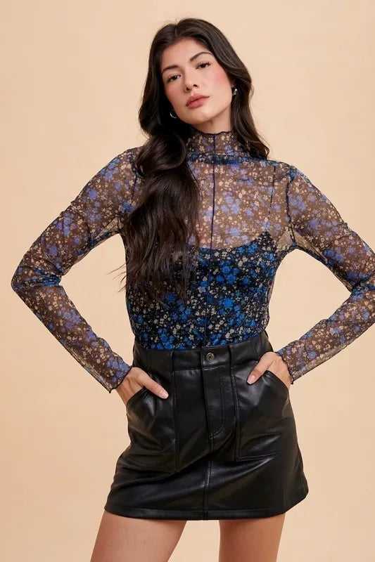 Blue Floral Sheer Mesh Top