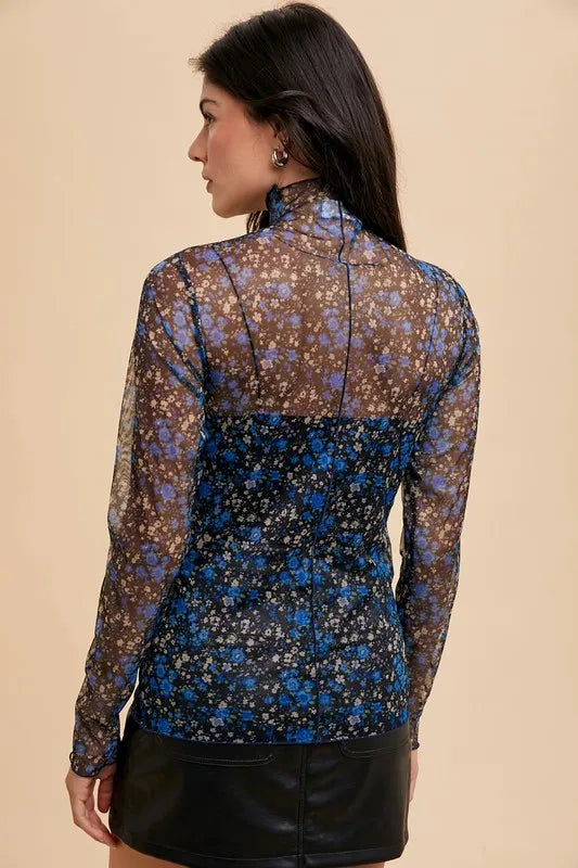 Blue Floral Sheer Mesh Top