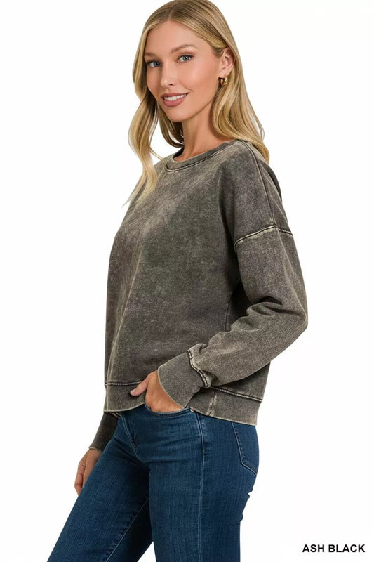 Zenana French Terry Acid Wash Boat Neck Sweatshirt