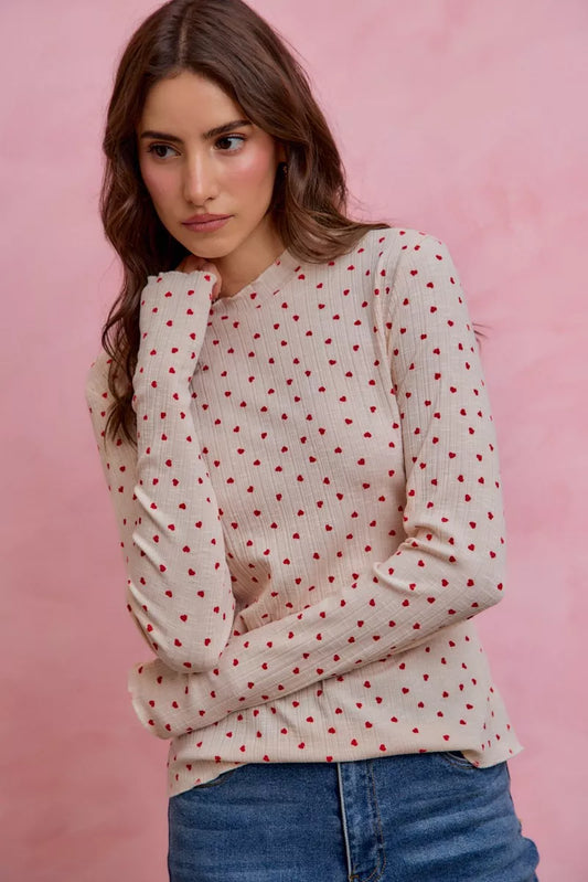 Ditsy Heart All Over Slub Rib Knit Valentine Top