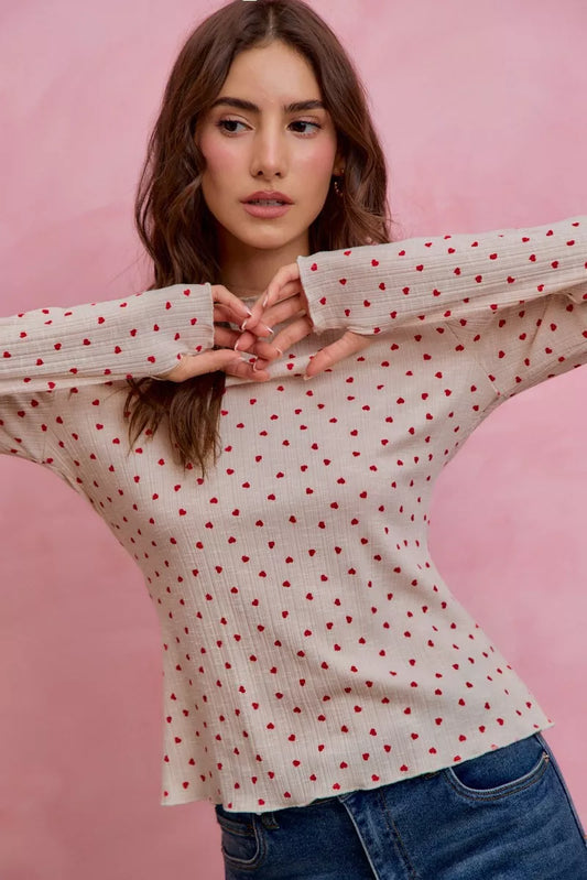 Ditsy Heart All Over Slub Rib Knit Valentine Top