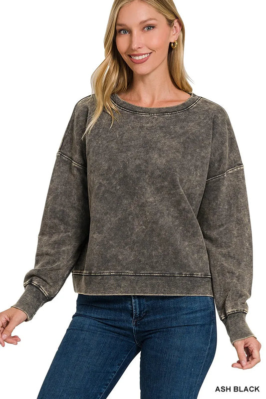 Zenana French Terry Acid Wash Boat Neck Sweatshirt