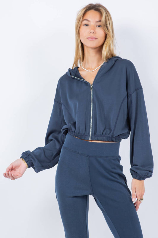 Navy Crop Hoodie with Zipper