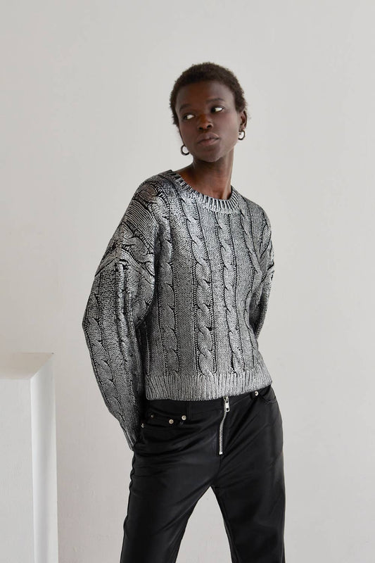 Pewter Laminated Cable Knit Sweater